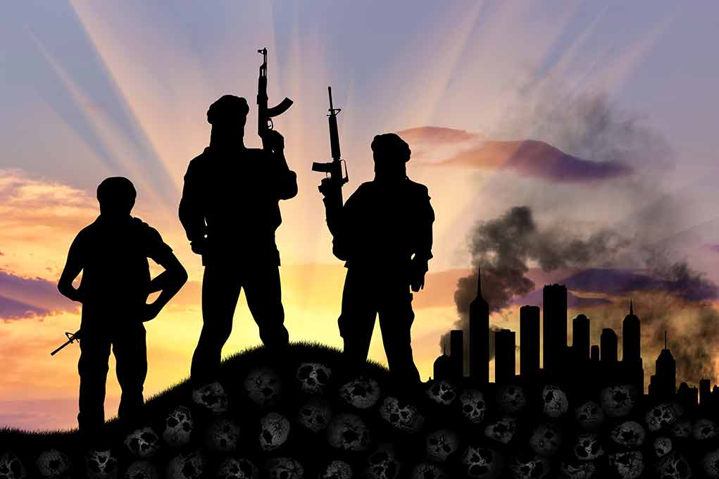 Three armed silhouettes near a smoky city skyline.
