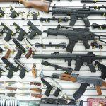 Wall display of various firearms in a store
