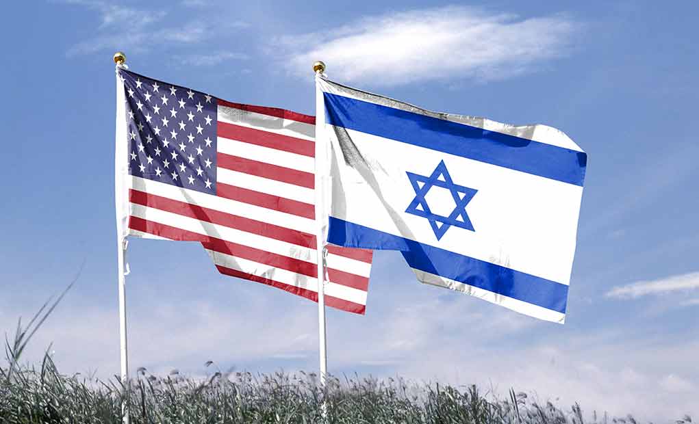 American and Israeli flags waving in the wind.