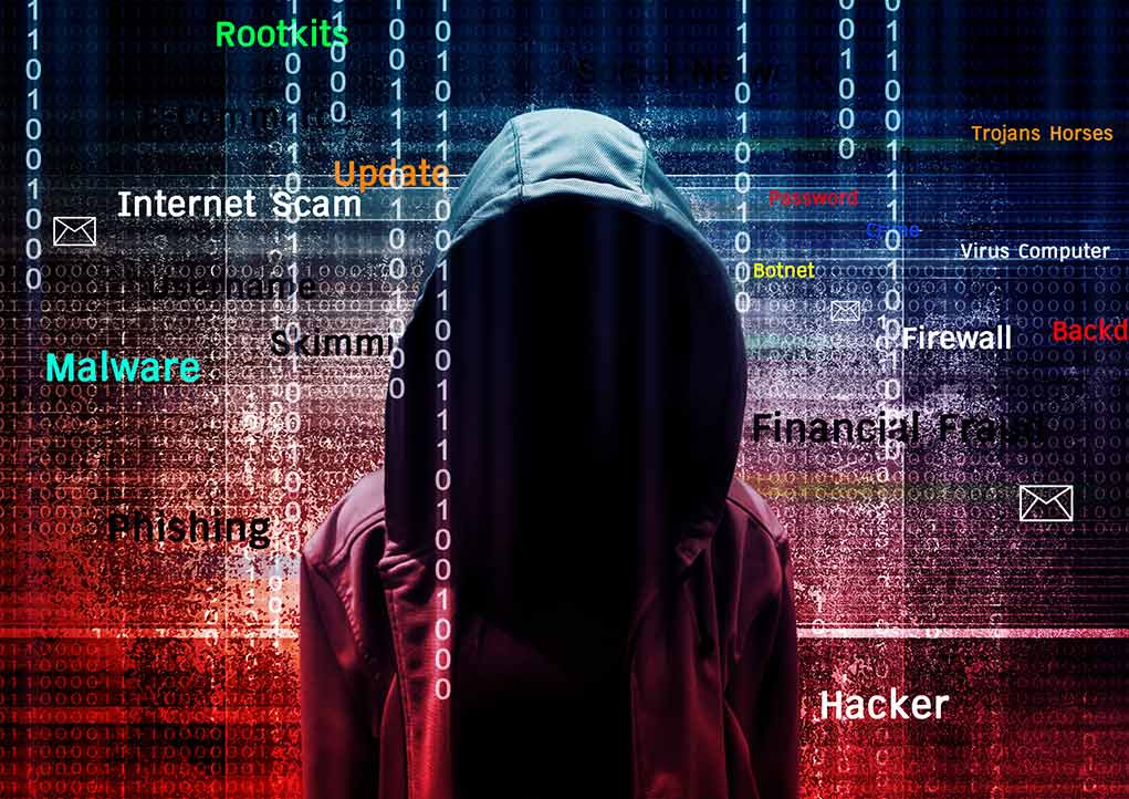 Hooded figure with cybersecurity terms and binary code background