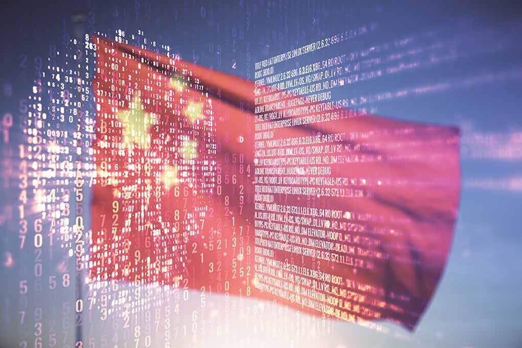 Chinese flag over digital code background
