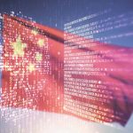 Chinese flag over digital code background