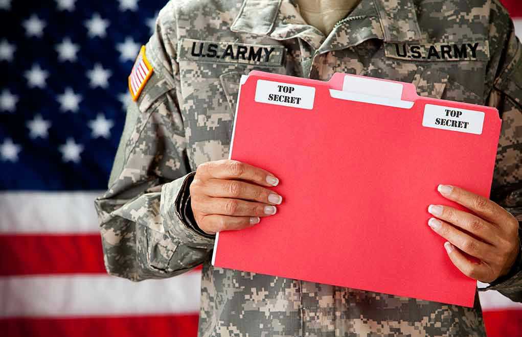 Soldier holding red top secret file folder