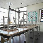 Teacher ARRESTED: Shocking Student Violation Empty classroom with chairs on top of desks