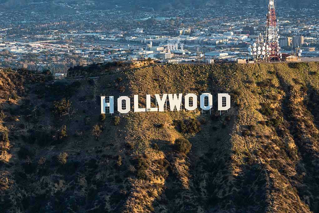 The Hollywood sign on a hillside.