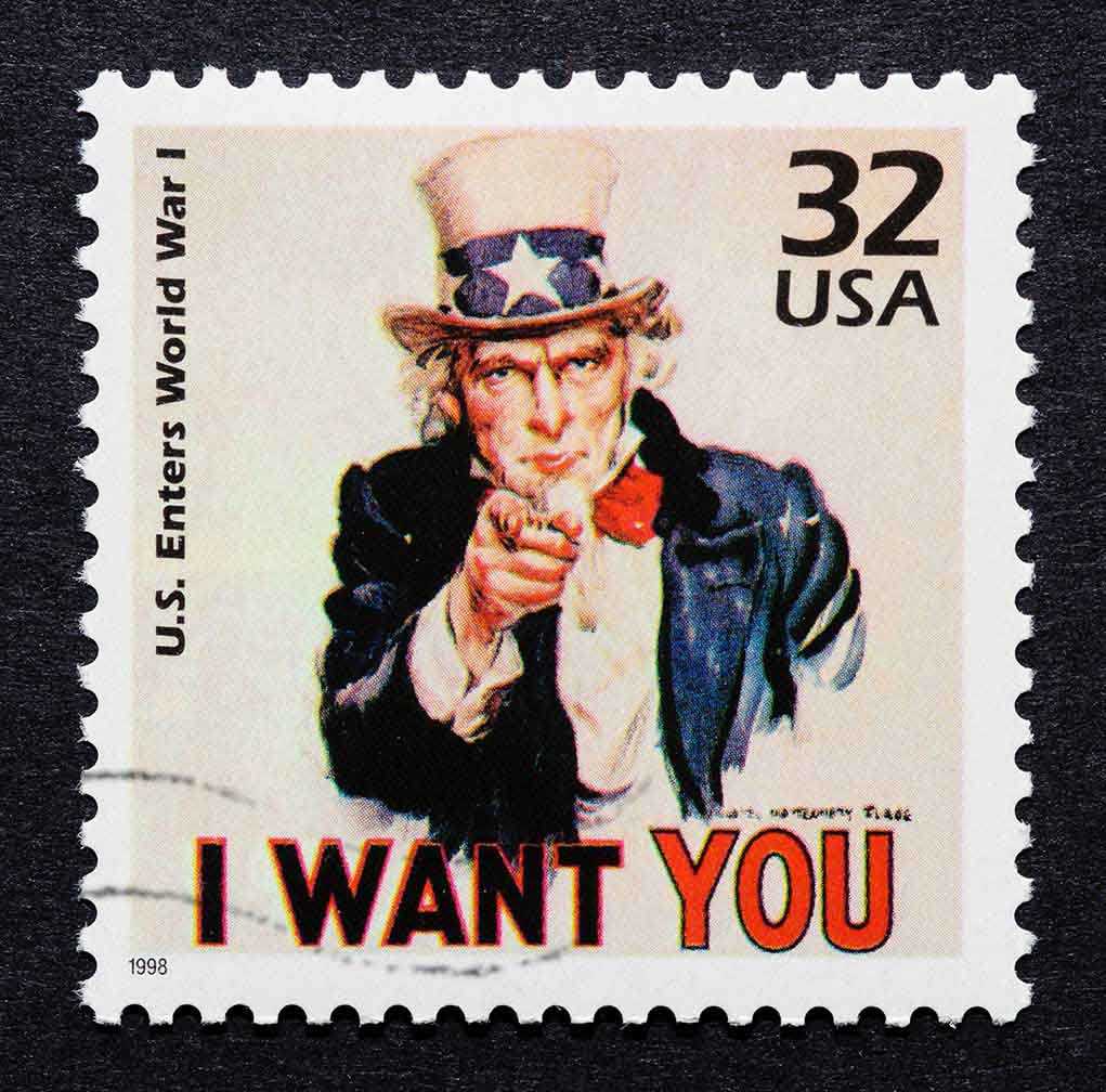 shutterstock_92977081.jpg Vintage stamp featuring Uncle Sam pointing with the text I WANT YOU