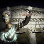 Federal Judges SLAM Supreme Court’s Secret Moves Blindfolded Lady Justice with scales, Supreme Court background.