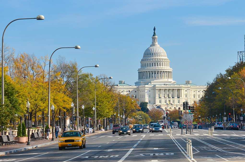 shutterstock_118545742.jpg View of the Capitol building in Washington D.C. with autumn trees lining the street