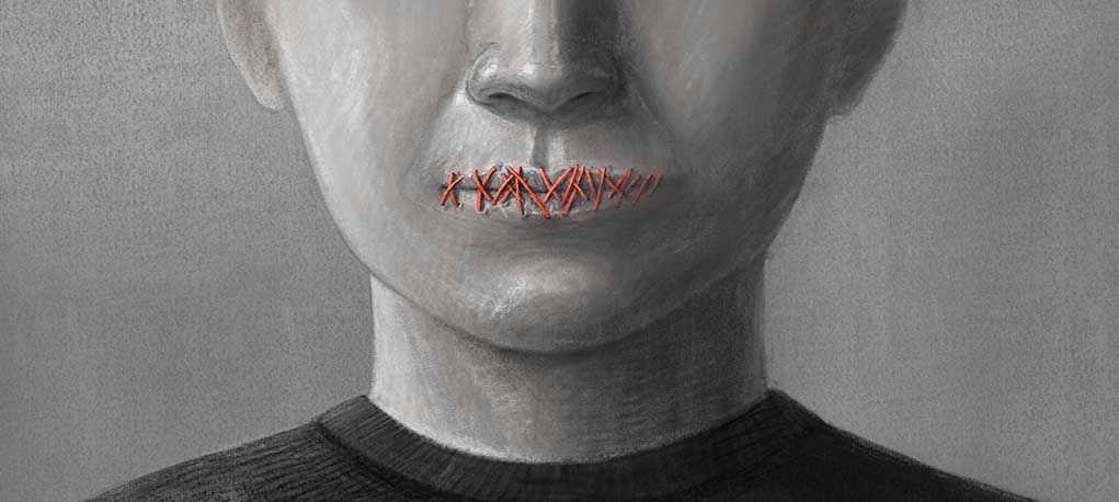 Face with mouth sewn shut in red thread