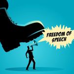 Newsom’s Radical Censorship Bill Alarms Residents A man holding a megaphone under a large boot, symbolizing censorship of free speech