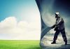 Climate Lawfare EXPOSED — What’s Really Going On A person in a gas mask pulling back a curtain revealing a polluted cityscape