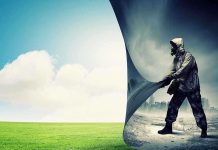 Climate Lawfare EXPOSED — What’s Really Going On A person in a gas mask pulling back a curtain revealing a polluted cityscape