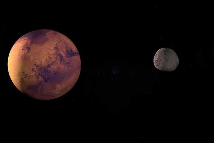 shutterstock_2170247461.jpg A depiction of Mars and its moon in outer space