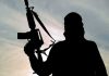 Silhouette of a person holding a rifle against a cloudy sky