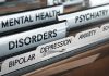 File folders labeled with mental health disorders and psychiatry.