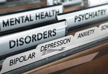 File folders labeled with mental health disorders and psychiatry.
