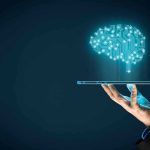 AI CHAOS Grips Silicon Valley Titans Hand holding tablet projecting digital brain hologram.