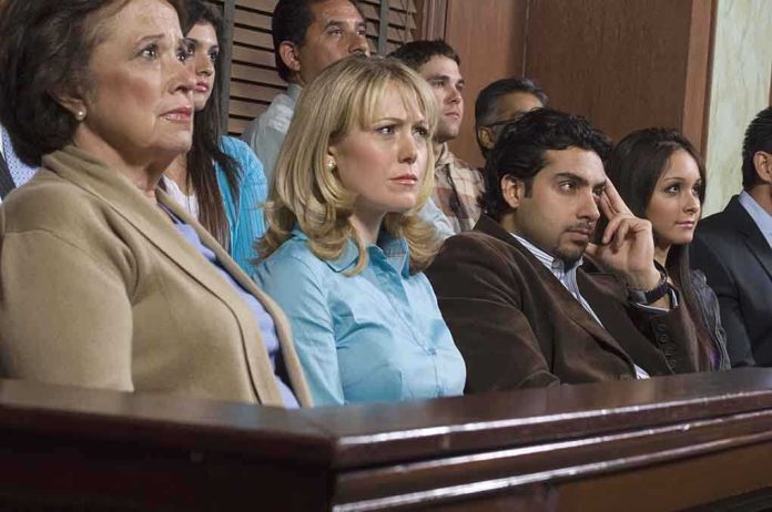 shutterstock_121503331.jpg A group of jury members sitting in a courtroom with serious expressions