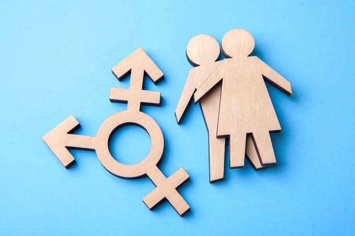 1145016626 Wooden transgender symbol and couple figures on blue background.