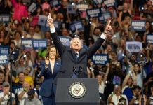 People cheering at a political rally, man raising arms.