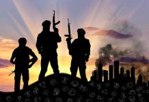 Secret Hamas Money Network Just Collapsed Three armed silhouettes near a smoky city skyline.