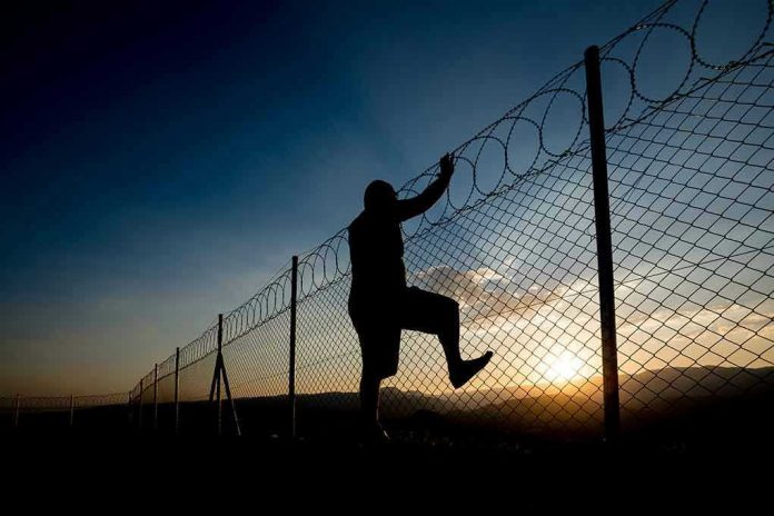 521854483 Silhouette of person climbing barbed wire fence at sunset.