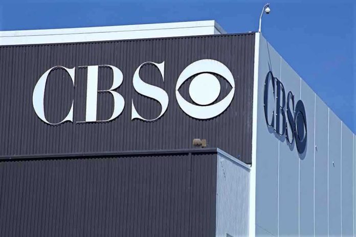 Exterior view of a CBS media building featuring the CBS logo