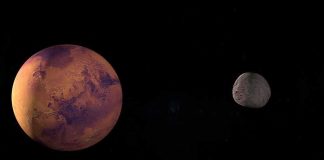 A depiction of Mars and its moon in outer space