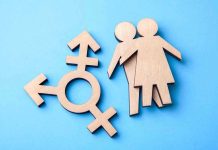 Gender Equality SCAM Wooden transgender symbol and couple figures on blue background.