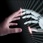 AI’s Hollywood Takeover Human and robotic hand reaching out to touch.