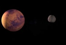 Astronomers Capture Double Star Death A depiction of Mars and its moon in outer space