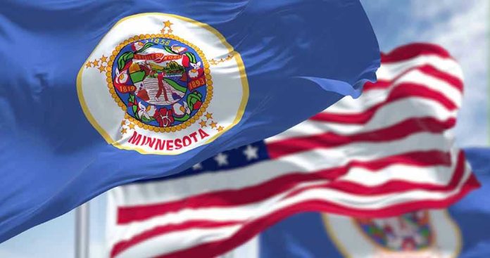 2165286029 Minnesota state flag with American flag in background.