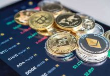 CRIMINAL Extortion Claim Hits Trump Crypto Cryptocurrency coins on a trading screen background.