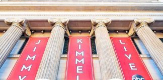 Exterior view of the Jimmy Kimmel Live studio with large red banners