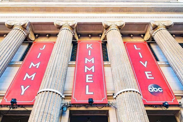 Exterior view of the Jimmy Kimmel Live studio with large red banners