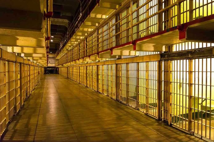 1231860007 Empty hallway between rows of prison cells.