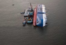 Shock Attack: Odesa in Flames! Capsized ship with cranes and tugboats around it.