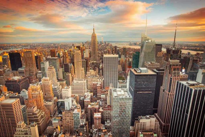 199319276 New York City skyline at sunset with tall buildings.
