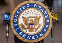Netanyahu’s DRAMATIC Aid Cut Plan Shocks U.S. United States Senate seal at a podium