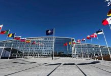 Europe’s Future? Americans Stuck With The Bill Flags outside NATO headquarters building under clear blue sky.