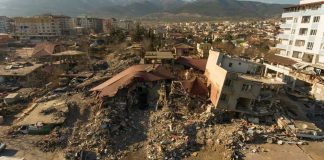 Iran School Blast Has U.S. Fingerprints All Over It Cityscape with collapsed buildings and rubble after earthquake