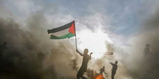 Infant Killed, Evidence Goes Missing Protester waves a Palestinian flag amid smoke and fire