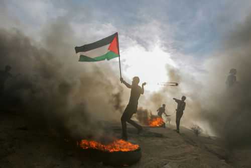 shutterstock1254019357jpg Protester waves a Palestinian flag amid smoke and fire
