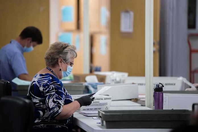 shutterstock_1773185606 Election workers wearing masks process mail-in ballots at tables