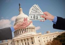 Social Security Time Bomb Targets Defense Hands exchanging cash in front of the Capitol building