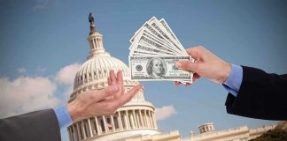 Social Security Time Bomb Targets Defense Hands exchanging cash in front of the Capitol building