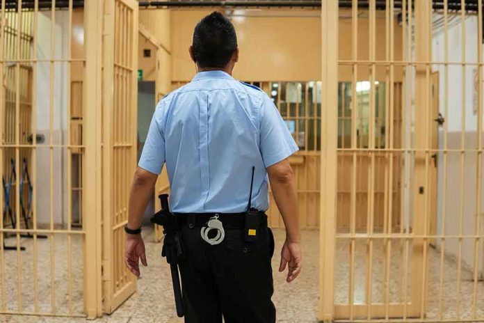 shutterstock_1437497984 corrections officer walking through prison corridor