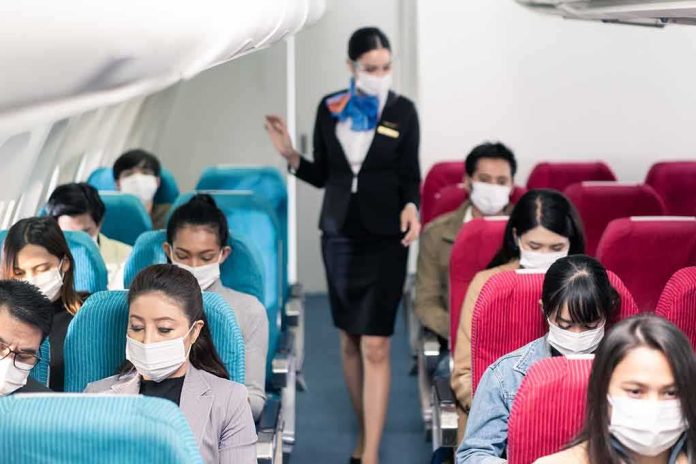 shutterstock_1873815250 Airline passengers wearing masks seated on a flight