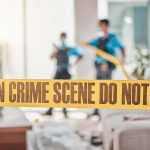 crime scene tape in a living room with two officers in background