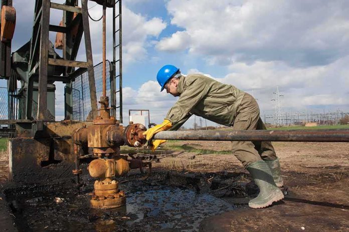 shutterstock_100283720 Worker in blue hard hat operating rusty oil pump equipment outdoors